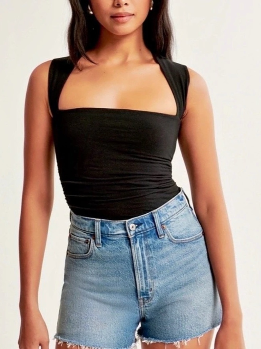 Abercrombie & Fitch Square Neck Ruched Sleeveless Top Black Large